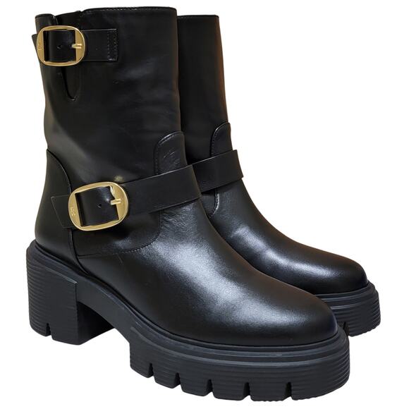 Stuart Weitzman Women Soho Moto Block Heel Booties Size US 7B Black Leather - Picture 2 of 6